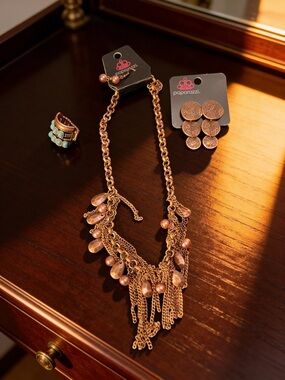 Paparazzi Copper Tone Fringe Necklace with Beads, Earrings and Ring